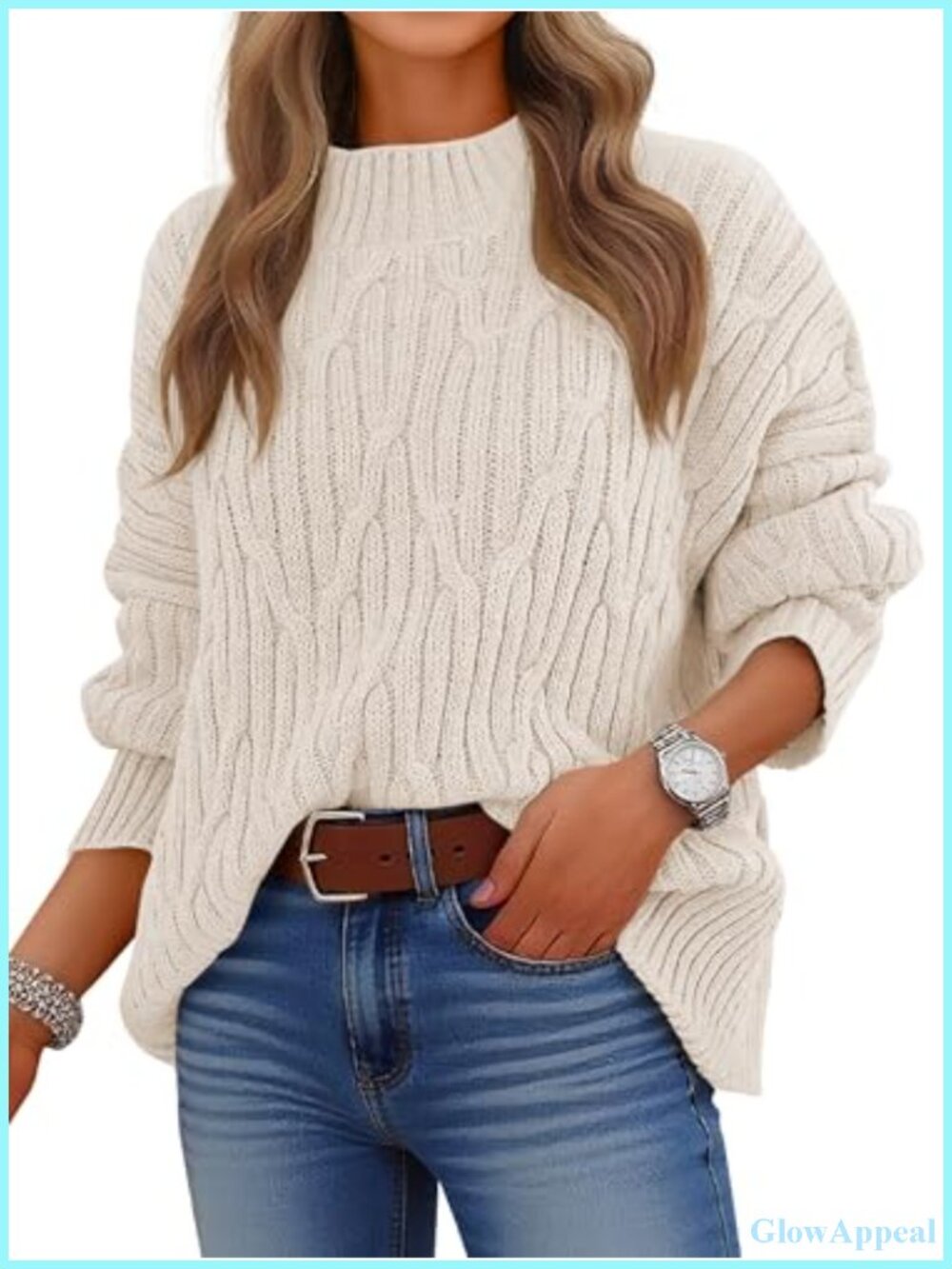 ANRABESS Oversized Cable Knit Mock Neck Pullover Sweater Acrylic